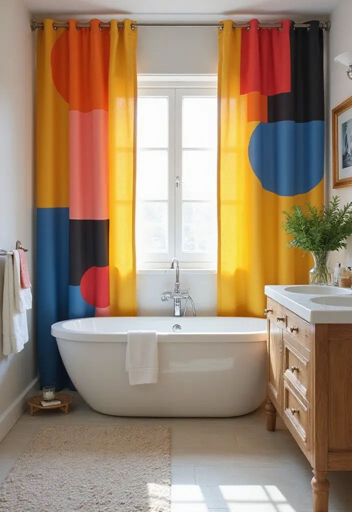 29 Bathroom Window Curtain Ideas That Balance Privacy and Light - 14. Color-Blocking Curtain Styles