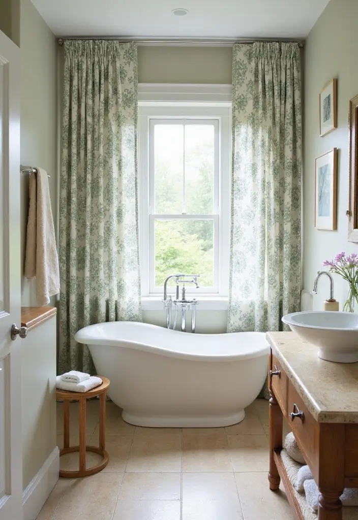 29 Bathroom Window Curtain Ideas That Balance Privacy and Light - 19. Eco-Friendly Printed Drapes