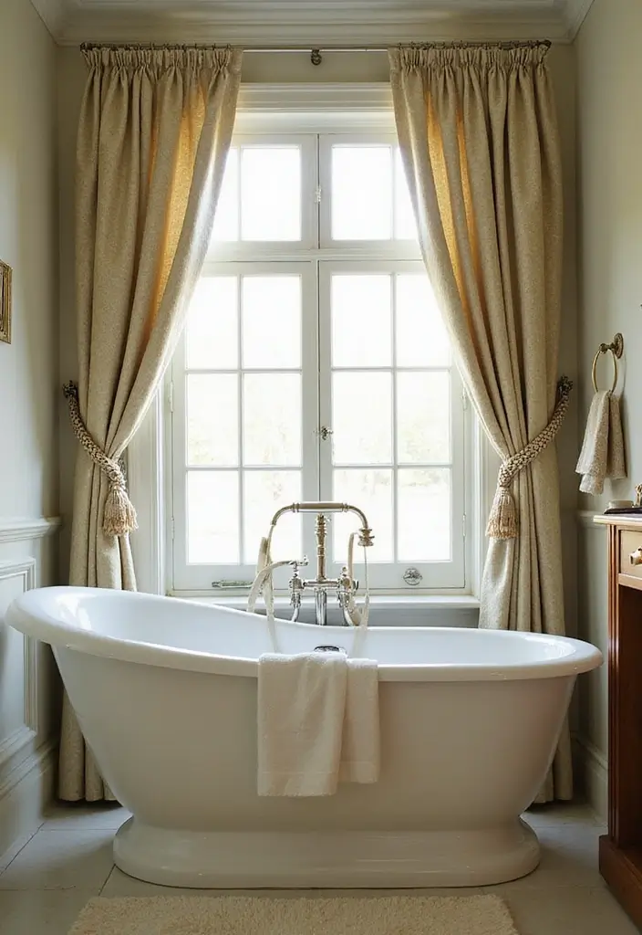 29 Bathroom Window Curtain Ideas That Balance Privacy and Light - 20. Tie-Back Curtains