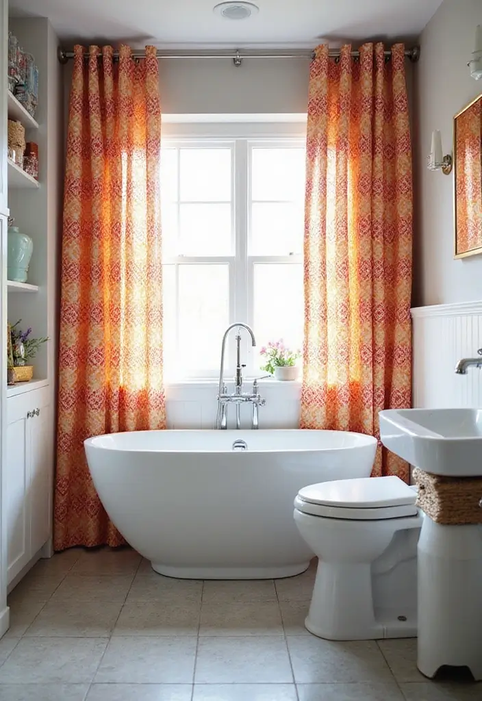 29 Bathroom Window Curtain Ideas That Balance Privacy and Light - 21. Geometric Print Curtains