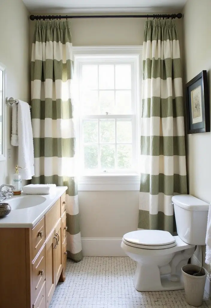 29 Bathroom Window Curtain Ideas That Balance Privacy and Light - 22. Striped Curtains