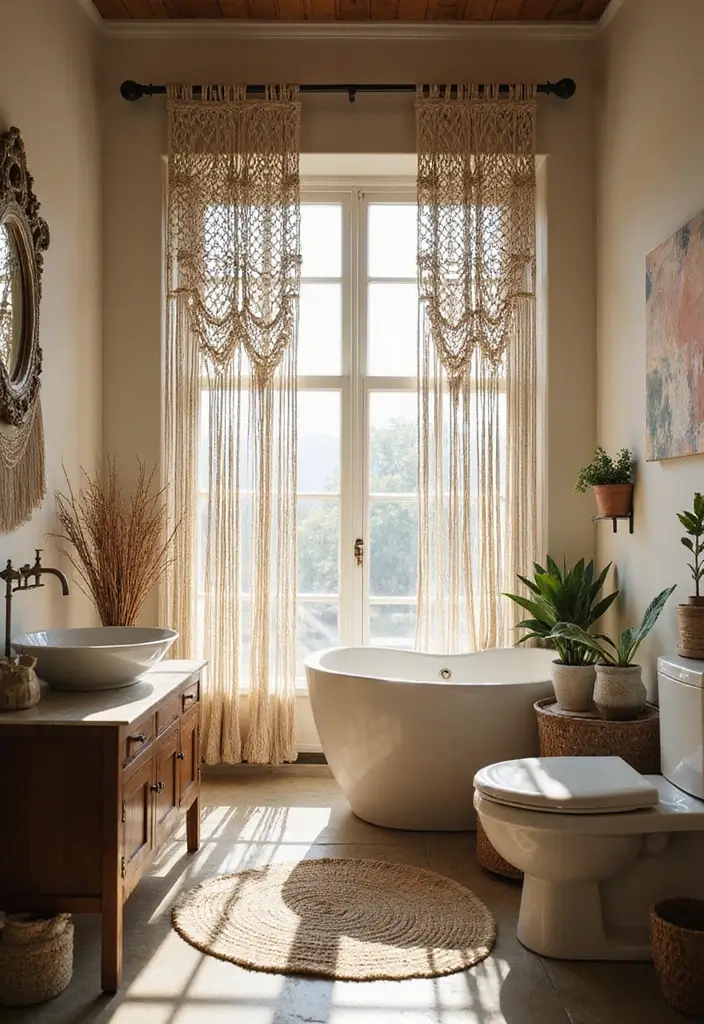 29 Bathroom Window Curtain Ideas That Balance Privacy and Light - 6. Macrame Curtains