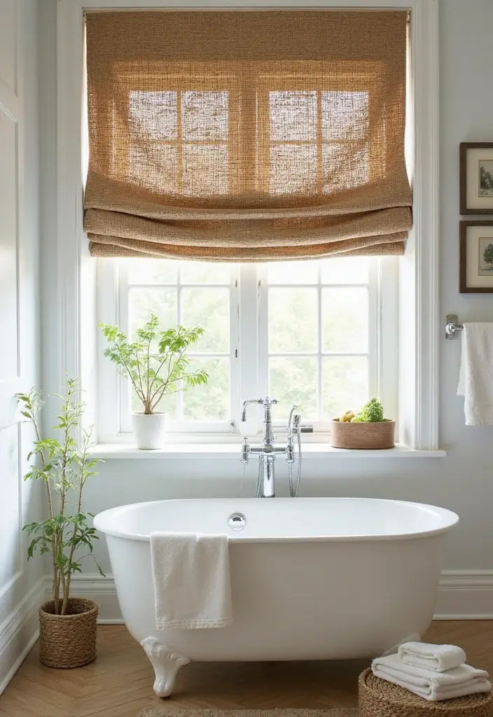 29 Bathroom Window Curtain Ideas That Balance Privacy and Light - 7. Natural Fiber Roman Shades