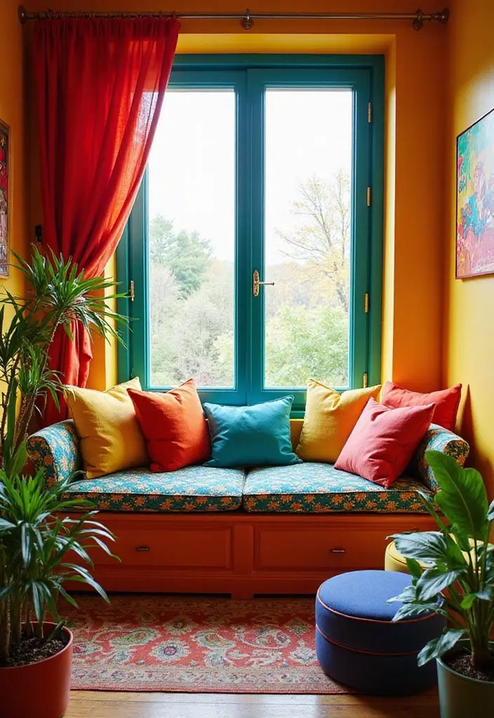 29 Window Seating Ideas for a Dreamy Home Look 24 29 Window Seating Ideas for a Dreamy Home Look - 24. Bold Color Statement