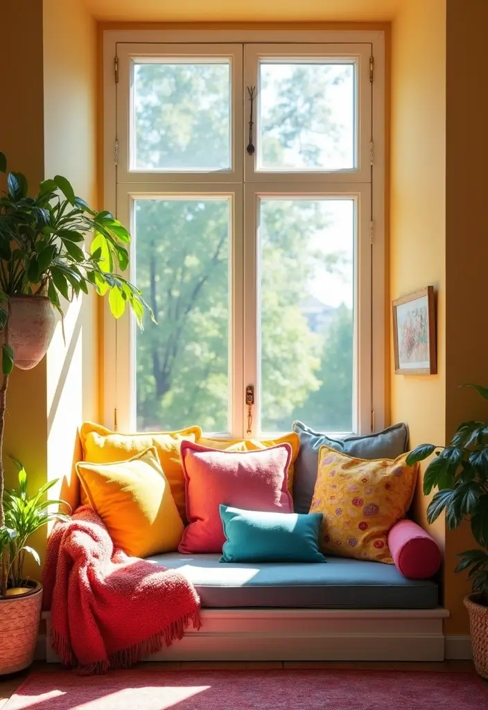 29 Window Seating Ideas for a Dreamy Home Look 9 29 Window Seating Ideas for a Dreamy Home Look - 9. Colorful Cushions Galore