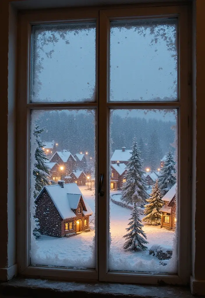 29 Window Snow Spray Ideas for Festive Vibes 23 29 Window Snow Spray Ideas for Festive Vibes - 23. Charming Village Scenes