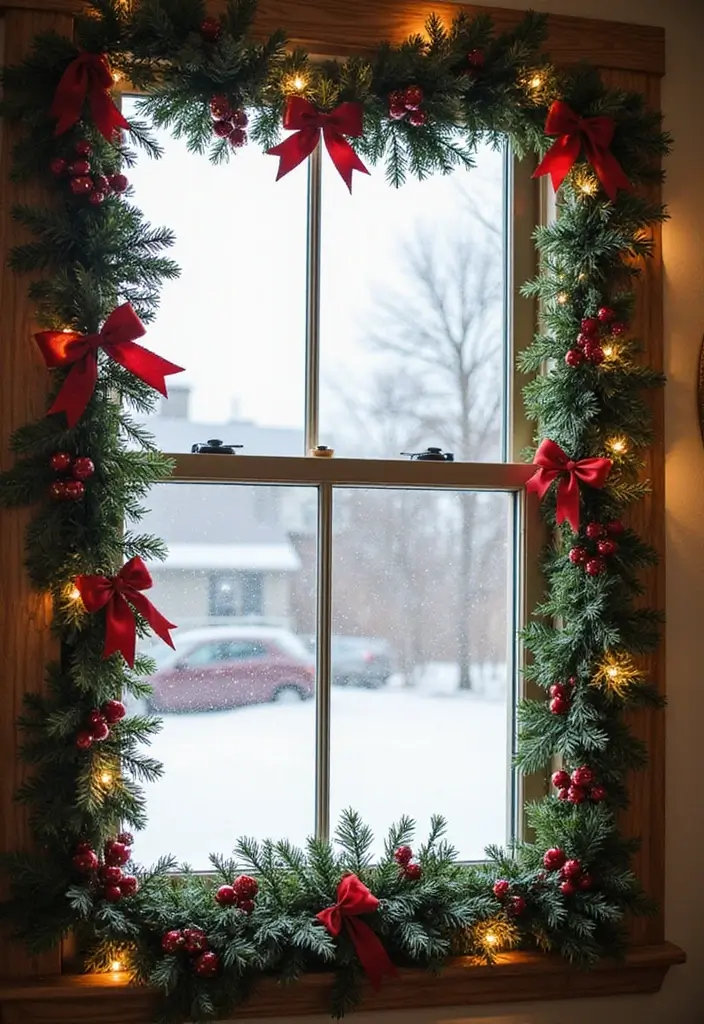 29 Window Snow Spray Ideas for Festive Vibes 25 29 Window Snow Spray Ideas for Festive Vibes - 25. Festive Garland Wrap