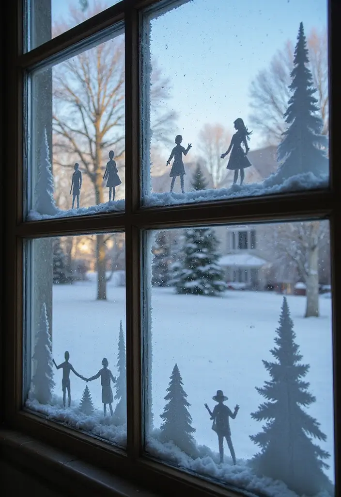 29 Window Snow Spray Ideas for Festive Vibes 27 29 Window Snow Spray Ideas for Festive Vibes - 27. Winter Wonderland Silhouettes