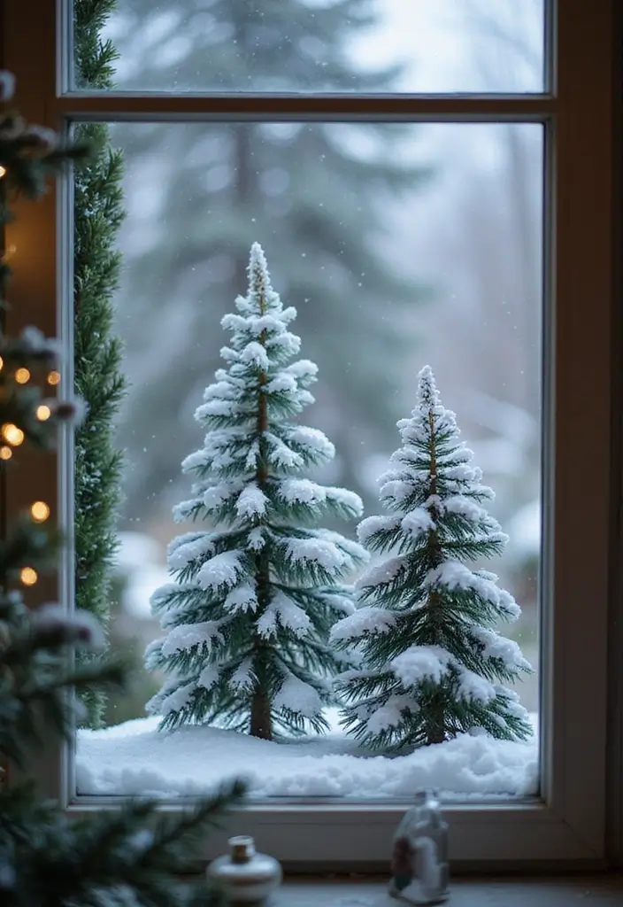 29 Window Snow Spray Ideas for Festive Vibes 4 29 Window Snow Spray Ideas for Festive Vibes - 4. Snow-Covered Pines