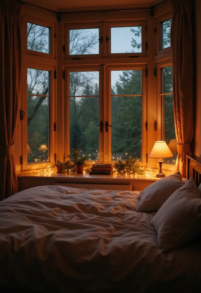 30+ Bay Window Bedroom Ideas for Extra Charm - 10. Soft Lighting