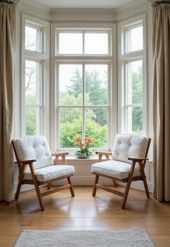 30+ Bay Window Bedroom Ideas for Extra Charm - 24. Functional Folding Chairs