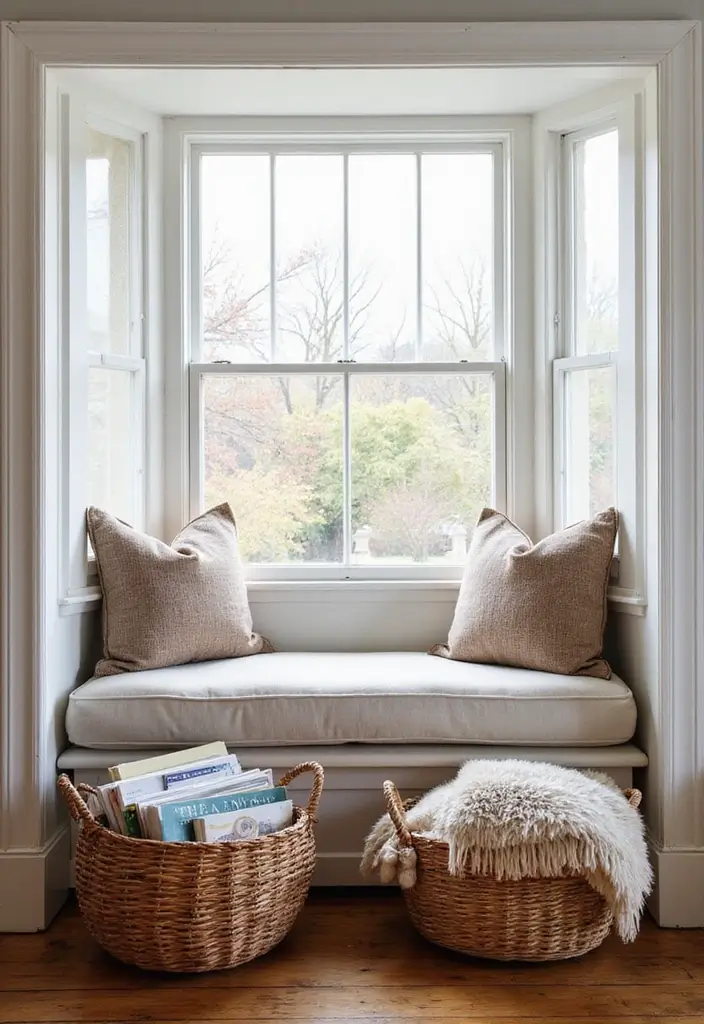 30+ Bay Window Bedroom Ideas for Extra Charm - 30. Stylish Baskets for Decor