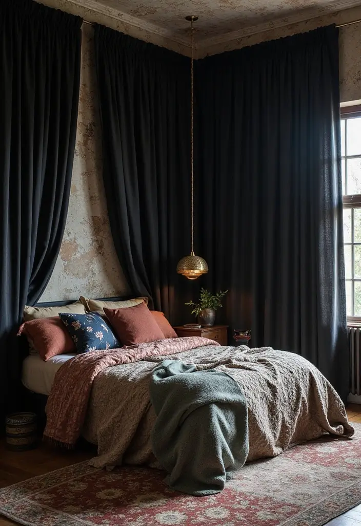 30 Black Curtains Bedroom Ideas for a Bold Look - 10. Rich Textures and Layers