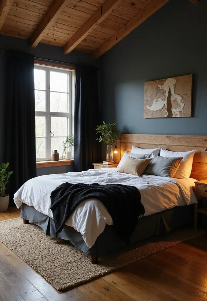 30 Black Curtains Bedroom Ideas for a Bold Look - 15. Cozy Rustic Retreat