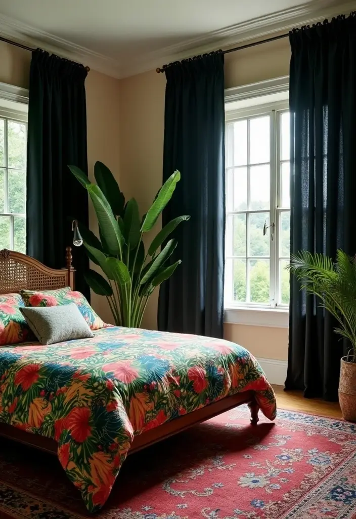 30 Black Curtains Bedroom Ideas for a Bold Look - 18. Tropical Hideaway