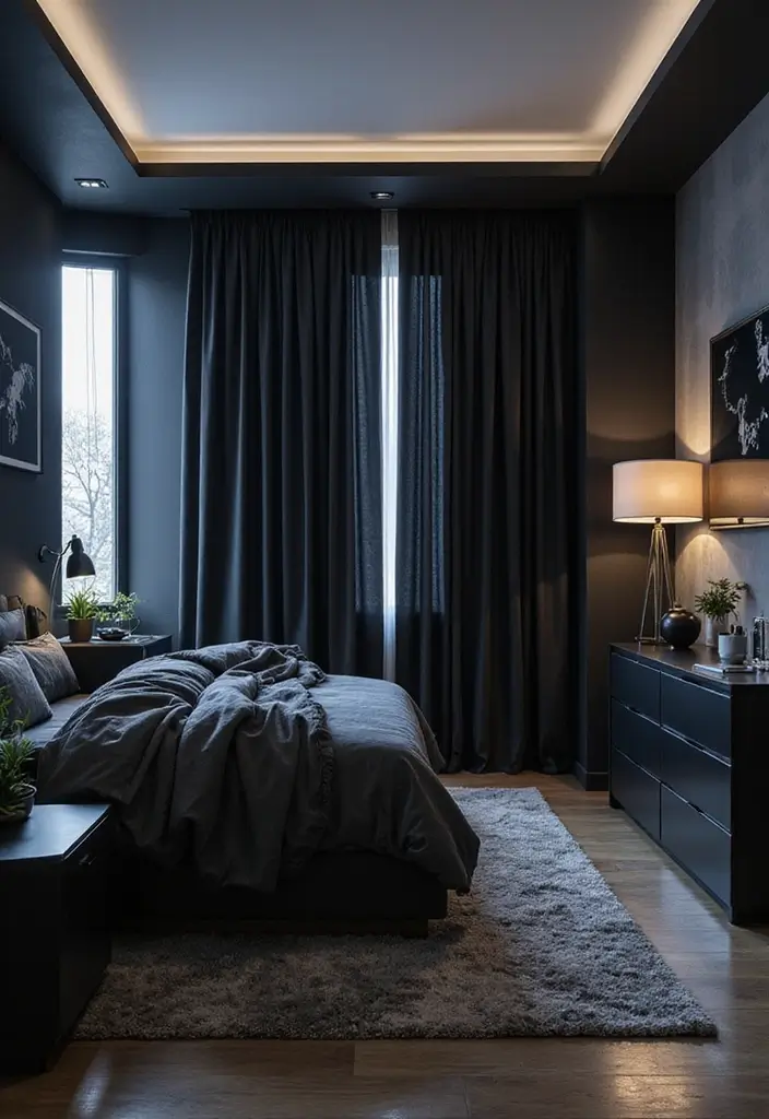 30 Black Curtains Bedroom Ideas for a Bold Look - 19. Futuristic Flair