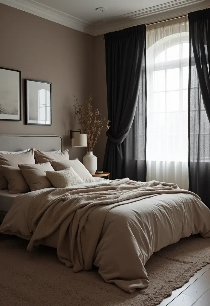 30 Black Curtains Bedroom Ideas for a Bold Look - 21. Muted Color Harmony