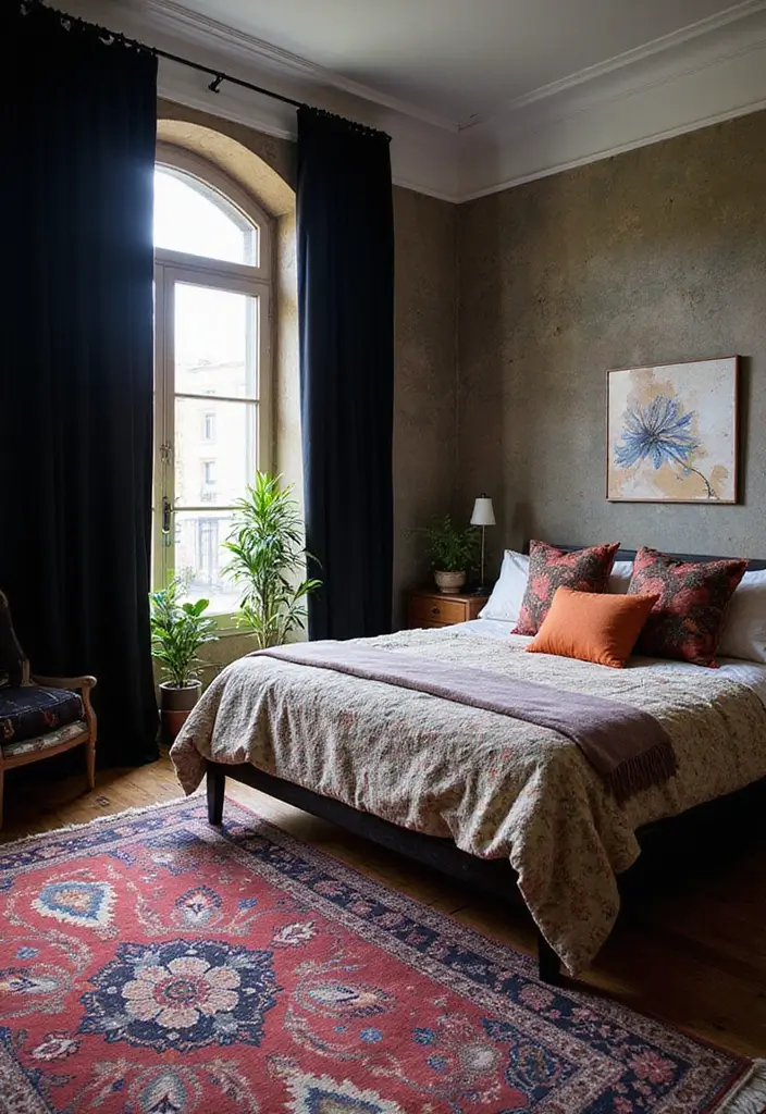 30 Black Curtains Bedroom Ideas for a Bold Look - 22. Artistic Fusion