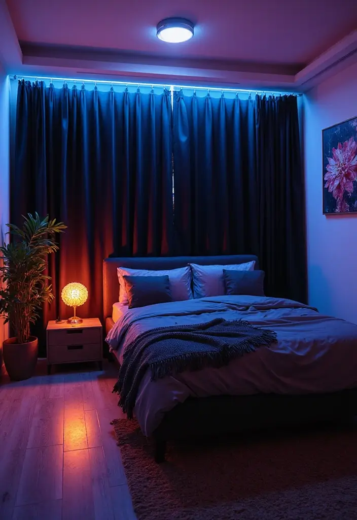 30 Black Curtains Bedroom Ideas for a Bold Look - 24. Techno Chic