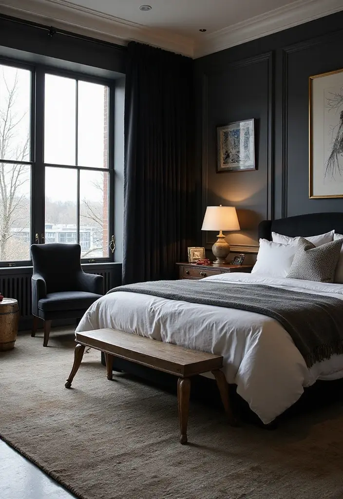 30 Black Curtains Bedroom Ideas for a Bold Look - 25. Modern Classic Fusion