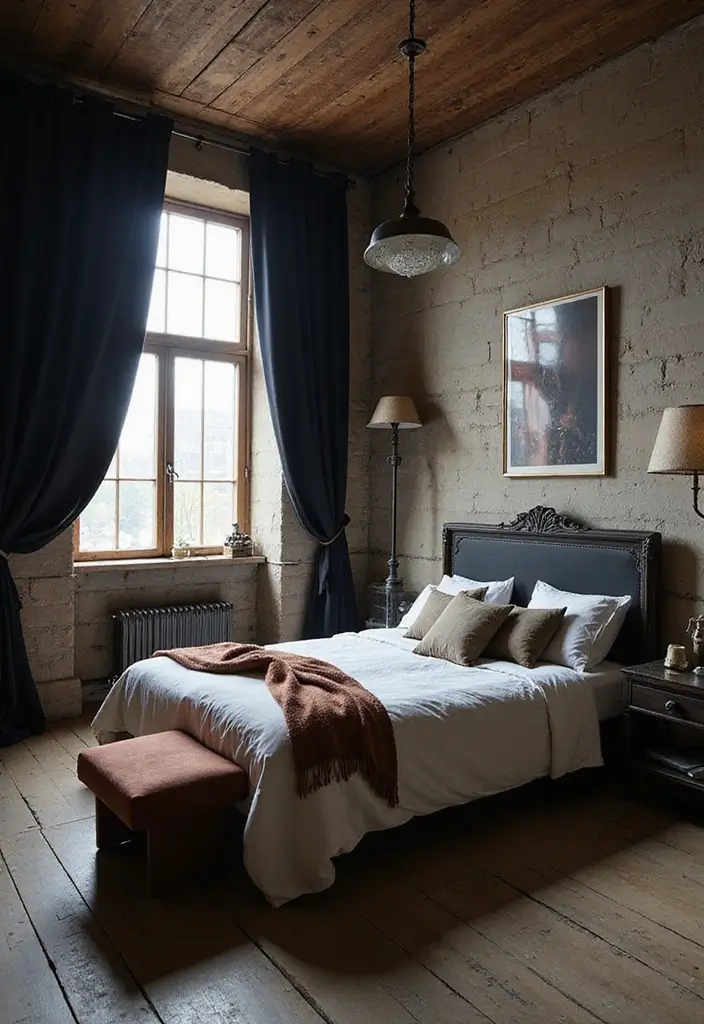 30 Black Curtains Bedroom Ideas for a Bold Look - 29. Vintage Industrial Mix