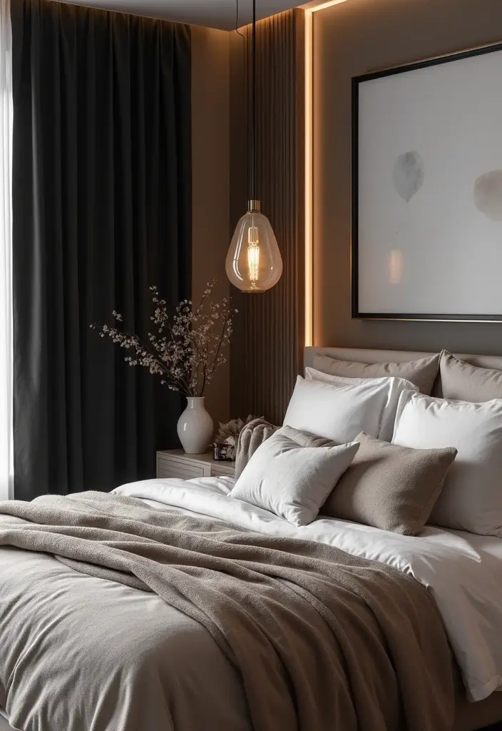30 Black Curtains Bedroom Ideas for a Bold Look - 30. Luxe Layered Neutrals