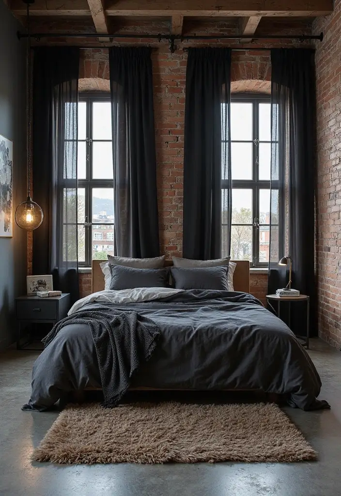 30 Black Curtains Bedroom Ideas for a Bold Look - 5. Industrial Edge