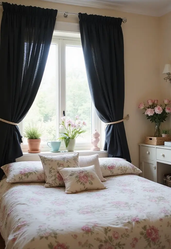 30 Black Curtains Bedroom Ideas for a Bold Look - 6. Cozy Cottage Charm