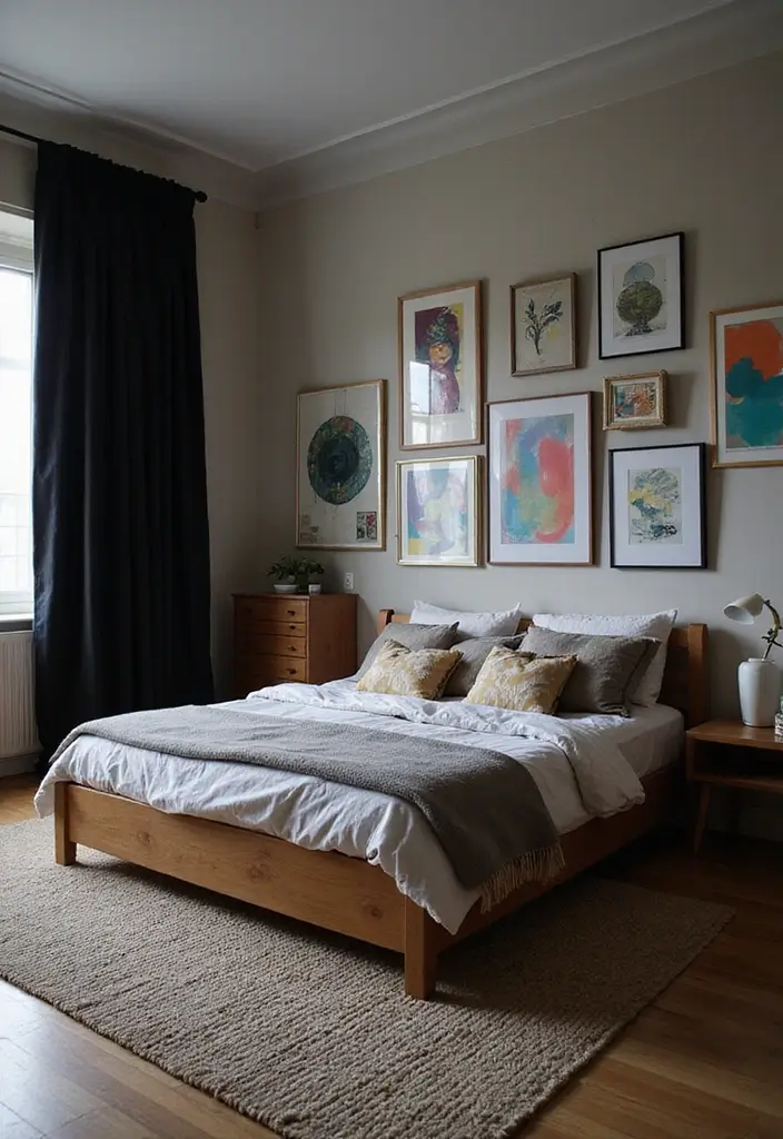 30 Black Curtains Bedroom Ideas for a Bold Look - 7. Artistic Gallery Style