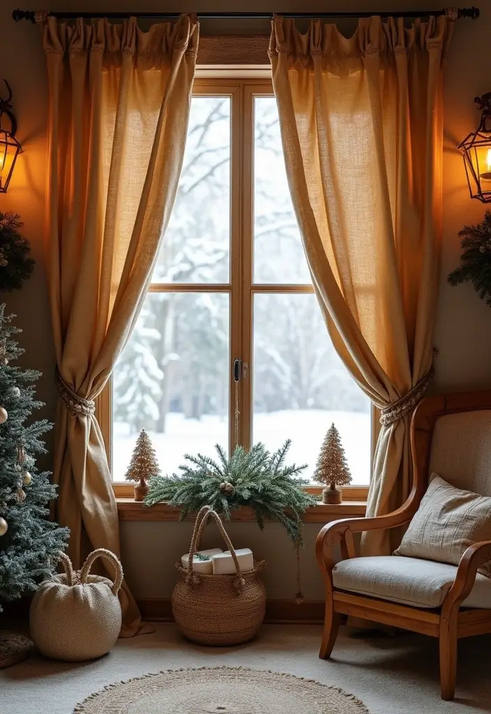 30+ Christmas Curtain Ideas That Set the Holiday Mood 10 30+ Christmas Curtain Ideas That Set the Holiday Mood - 10. Rustic Burlap Curtains
