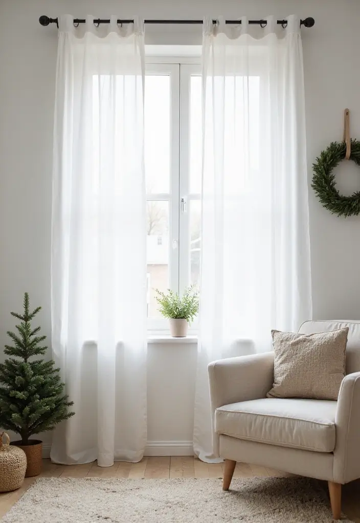 30+ Christmas Curtain Ideas That Set the Holiday Mood 11 30+ Christmas Curtain Ideas That Set the Holiday Mood - 11. Minimalist White Curtains