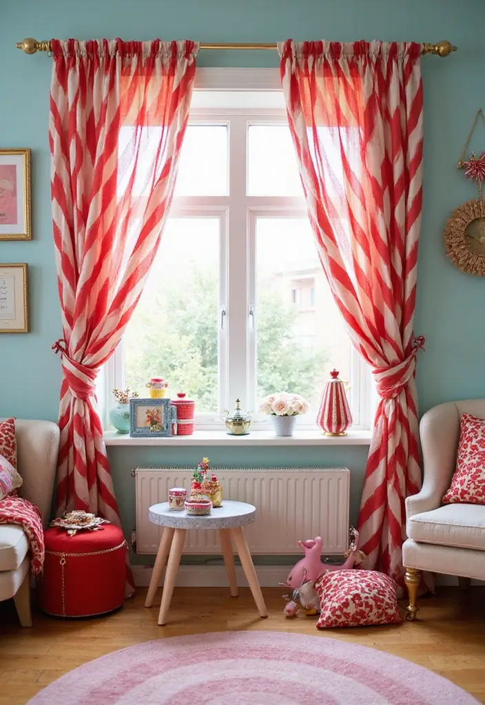 30+ Christmas Curtain Ideas That Set the Holiday Mood 14 30+ Christmas Curtain Ideas That Set the Holiday Mood - 14. Cheerful Candy Cane Stripes