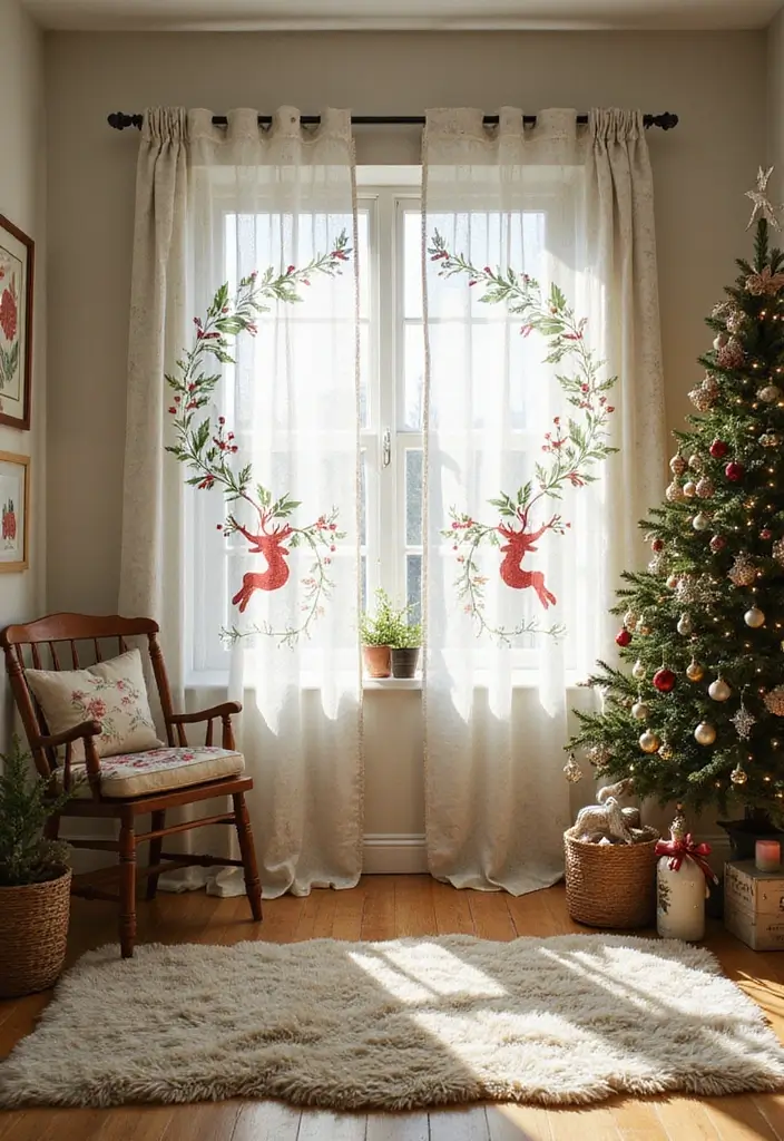 30+ Christmas Curtain Ideas That Set the Holiday Mood 15 30+ Christmas Curtain Ideas That Set the Holiday Mood - 15. Hand-Painted Christmas Designs