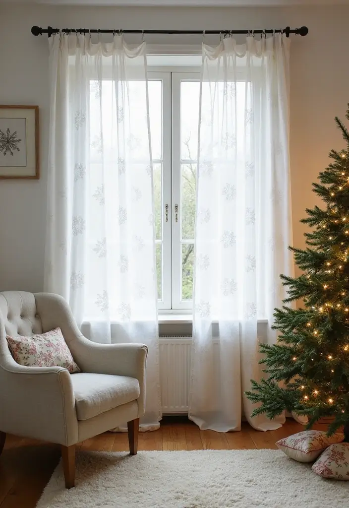 30+ Christmas Curtain Ideas That Set the Holiday Mood 2 30+ Christmas Curtain Ideas That Set the Holiday Mood - 2. Snowflake Patterned Sheers