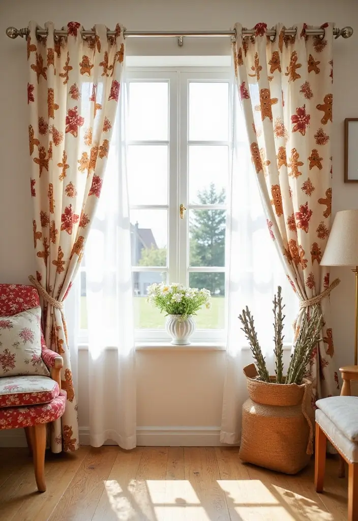 30+ Christmas Curtain Ideas That Set the Holiday Mood 21 30+ Christmas Curtain Ideas That Set the Holiday Mood - 21. Charming Gingerbread Patterns