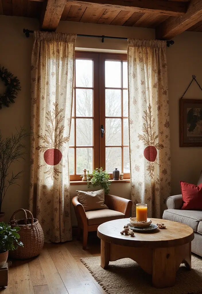 30+ Christmas Curtain Ideas That Set the Holiday Mood 22 30+ Christmas Curtain Ideas That Set the Holiday Mood - 22. Yule Log Motifs