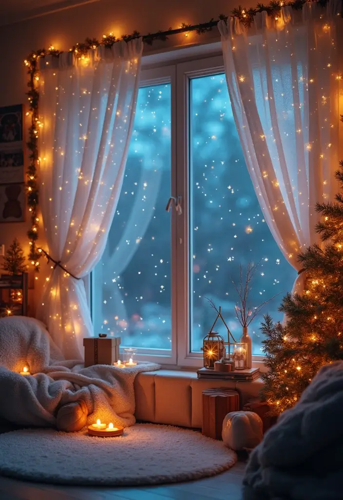30+ Christmas Curtain Ideas That Set the Holiday Mood 23 30+ Christmas Curtain Ideas That Set the Holiday Mood - 23. Glittery Starry Night Designs
