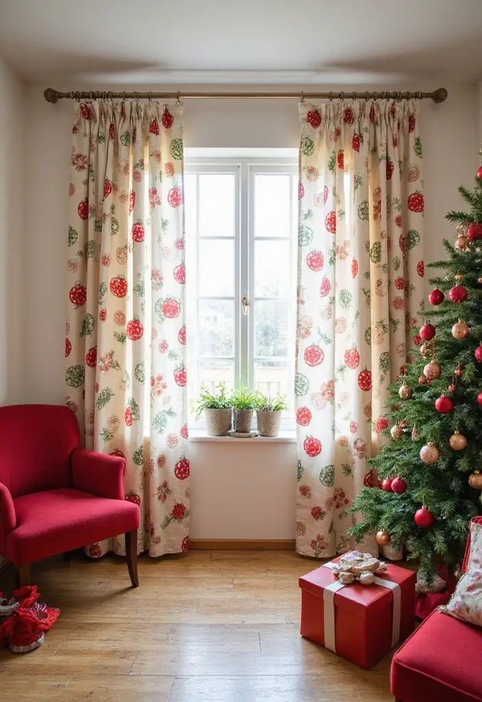 30+ Christmas Curtain Ideas That Set the Holiday Mood 24 30+ Christmas Curtain Ideas That Set the Holiday Mood - 24. Cheerful Ornament Prints