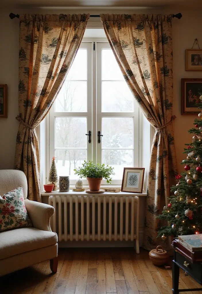 30+ Christmas Curtain Ideas That Set the Holiday Mood 29 30+ Christmas Curtain Ideas That Set the Holiday Mood - 29. Vintage Holiday Postcard Prints