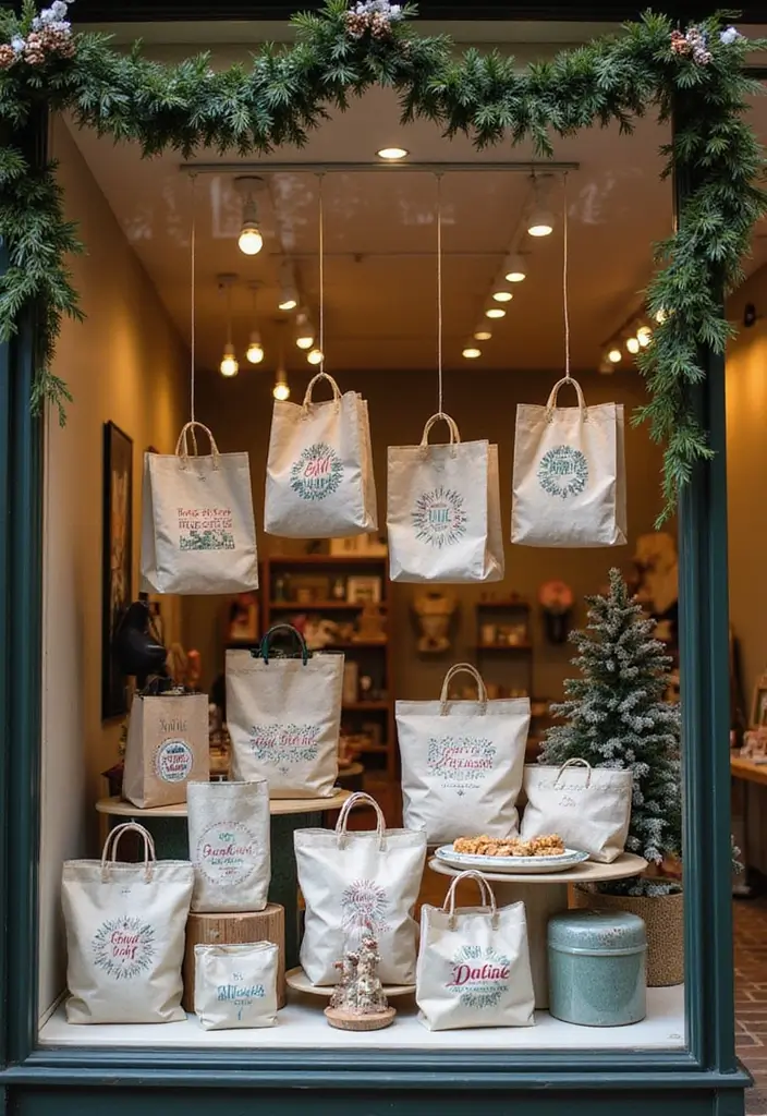 30+ Christmas Shop Window Display Ideas That Sell - 20. Reusable Gift Bags Display