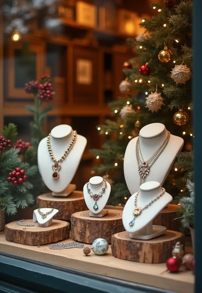 30+ Christmas Shop Window Display Ideas That Sell - 21. Holiday Themed Upcycled Jewelry
