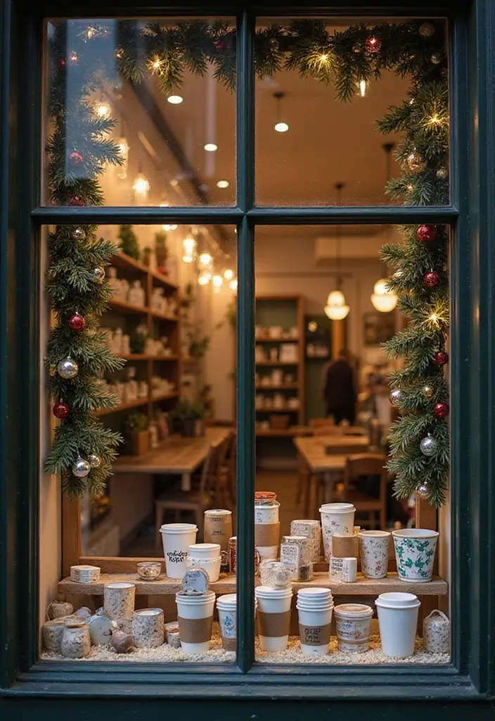 30+ Christmas Shop Window Display Ideas That Sell - 28. Reusable Coffee Cups