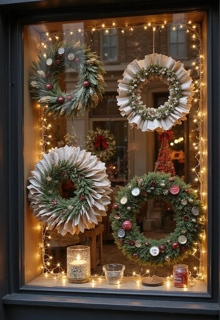 30+ Christmas Shop Window Display Ideas That Sell - 8. Festive Upcycled Wreaths
