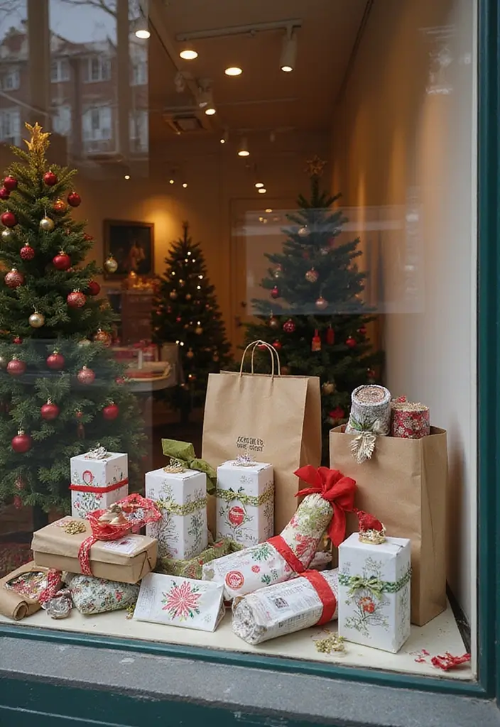 30+ Christmas Shop Window Display Ideas That Sell - 9. Zero-Waste Gift Wrapping Station