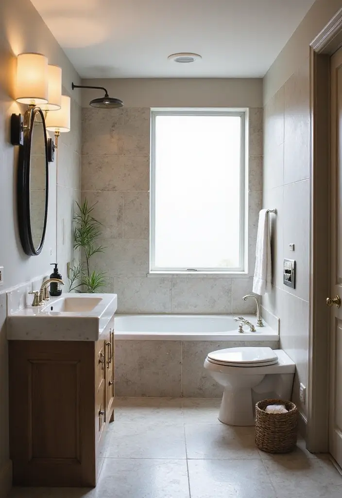 30 Small Bathroom with Window Ideas You’ll Adore - 17. Layering Lighting