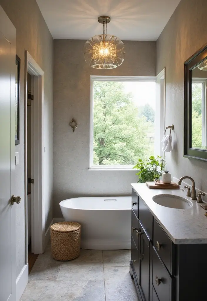30 Small Bathroom with Window Ideas You’ll Adore - 23. Statement Lighting