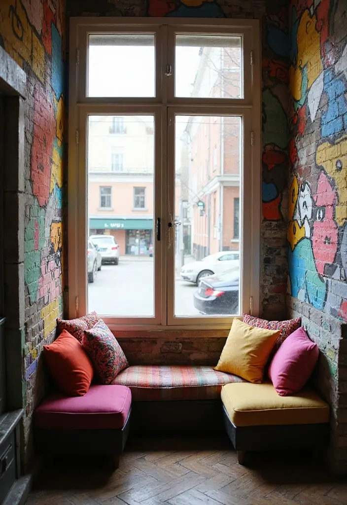 30+ Window Seating in Bedroom Ideas for Comfort - 28. Artistic Murals