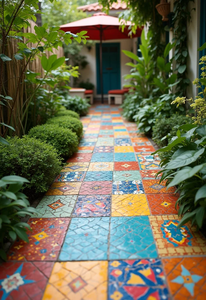 10 Backyard Alley Ideas for Narrow Stylish Pathways - 5. Colorful Tile Pathways