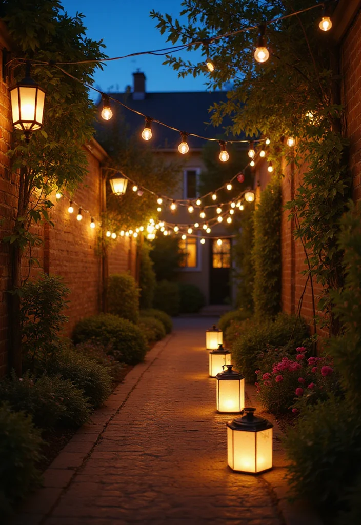 10 Backyard Alley Ideas for Narrow Stylish Pathways - 7. Lighting Magic