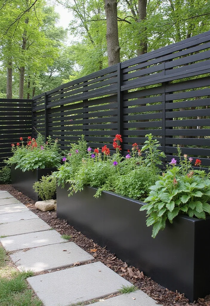 10 Backyard Metal Fence Ideas for Modern Durable Style - 4. Horizontal Slats with Integrated Planters